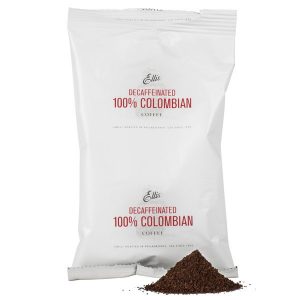 A bag of Ellis decaffeinated Colombian coffee