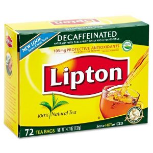 A box of decaffeinated Lipton tea bags