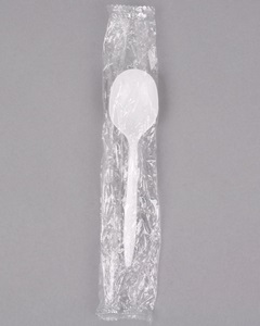 A spoon wrapped in plastic